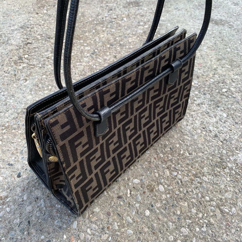 Fendi Zucca And Epi Leather Black Tote Handbag
